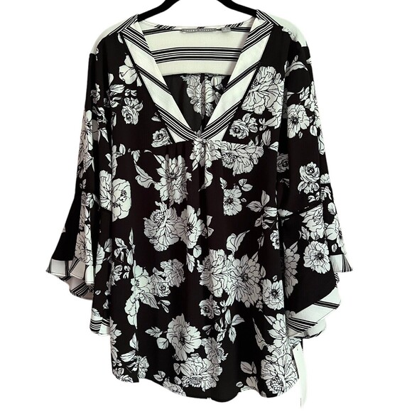 Valerie Stevens XL Black & White Floral Bell Sleeve Blouse, Crepe Top NEW NWT - Picture 8 of 9